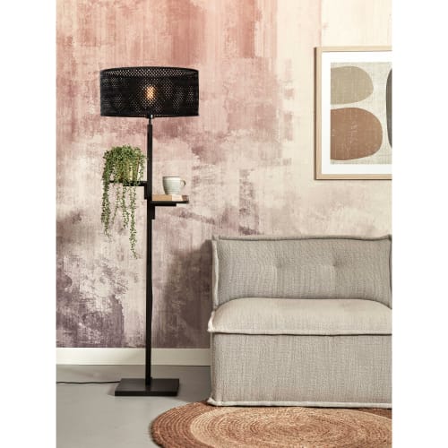 Lampadaire 145cm abat-jour rotin culot e27 pied noir