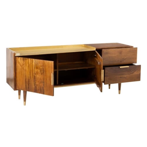 Credenza bassa lunga a 2 ante e 2 cassetti in legno di acacia inciso  Lausanne