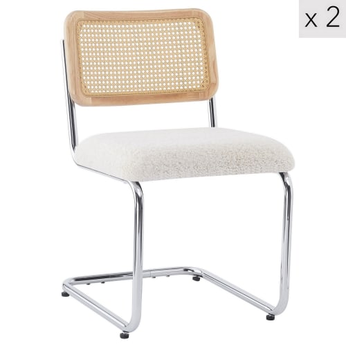Set sedie in acciaio e rattan con seduta in bouclé bianco