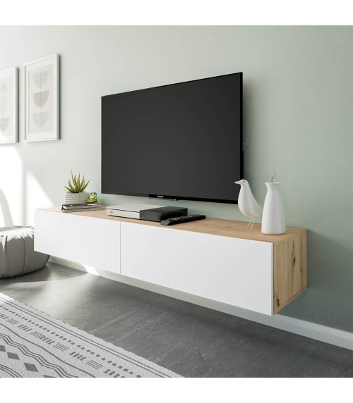 Mueble tv suspendido 2 abatibles y 2 estantes - l180 cm - marrón KAWAY