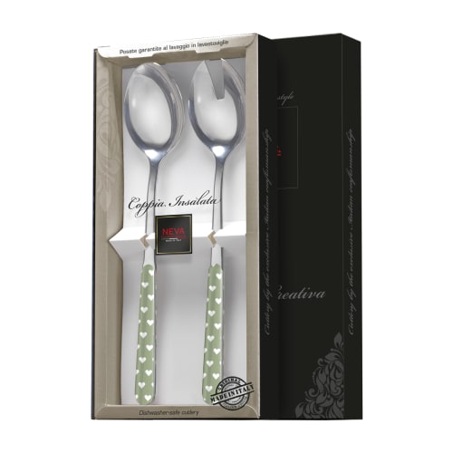 Set 2 posate insalata acciaio inossidabile manico effetto porcellana  CUORICINI VERDE SALVIA