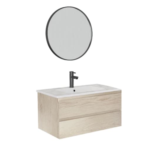 Meuble sous vasque à suspendre Noé effet bois 80 cm + plan vasque en  céramique blanc + miroir