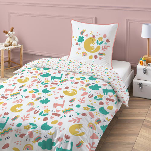 Parure de lit enfant en coton imprimés animaux blancs et multicolores,  140x200
