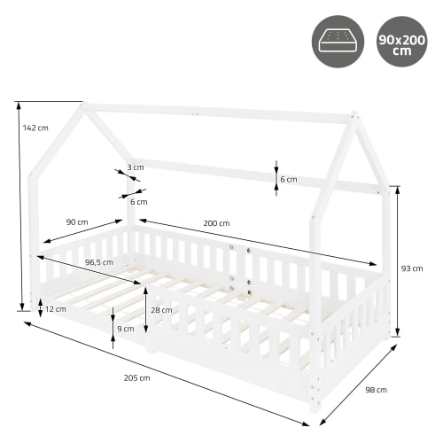 Lettino per bambini forma casa legno naturale 200x90 cm