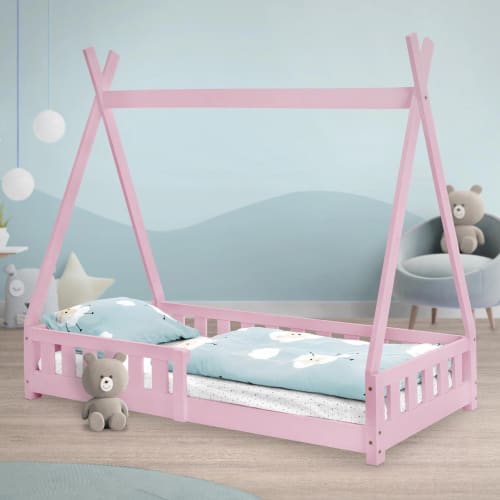 Lettino per bambini tenda indiana legno rosa con sponde 160 x 80 cm