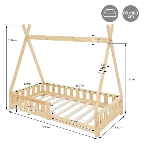 Cuna con protección anticaída y somier 80x160 cm Madera de pino natural  ML-Design