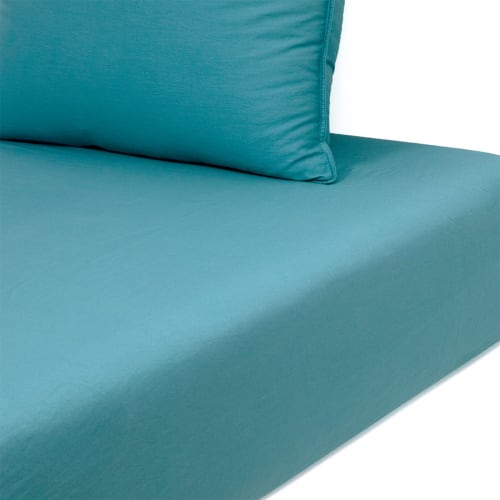 Drap housse en satin de coton lavé bleu 200 x 200 cm PALERME