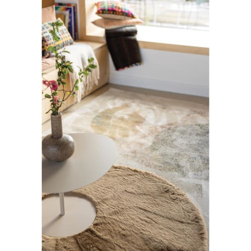 Tapis de salon beige écru en laine naturelle effet relief - Inspiration Luxe
