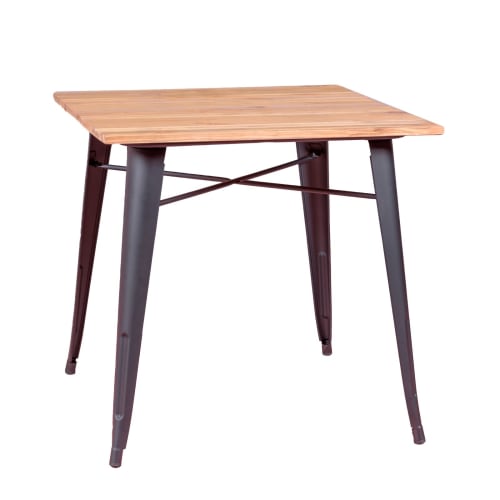 Conjunto mesa alta y taburetes Mod. CAFÉ. Fabricado en madera acabado roble  y estructura metálica.