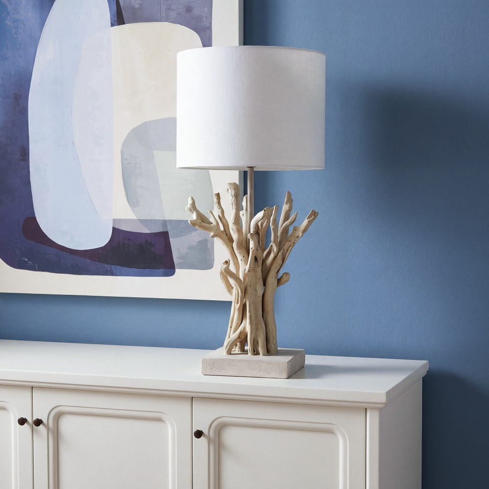 Lampe imitation bois flotté et abat-jour blanc, H48 cm