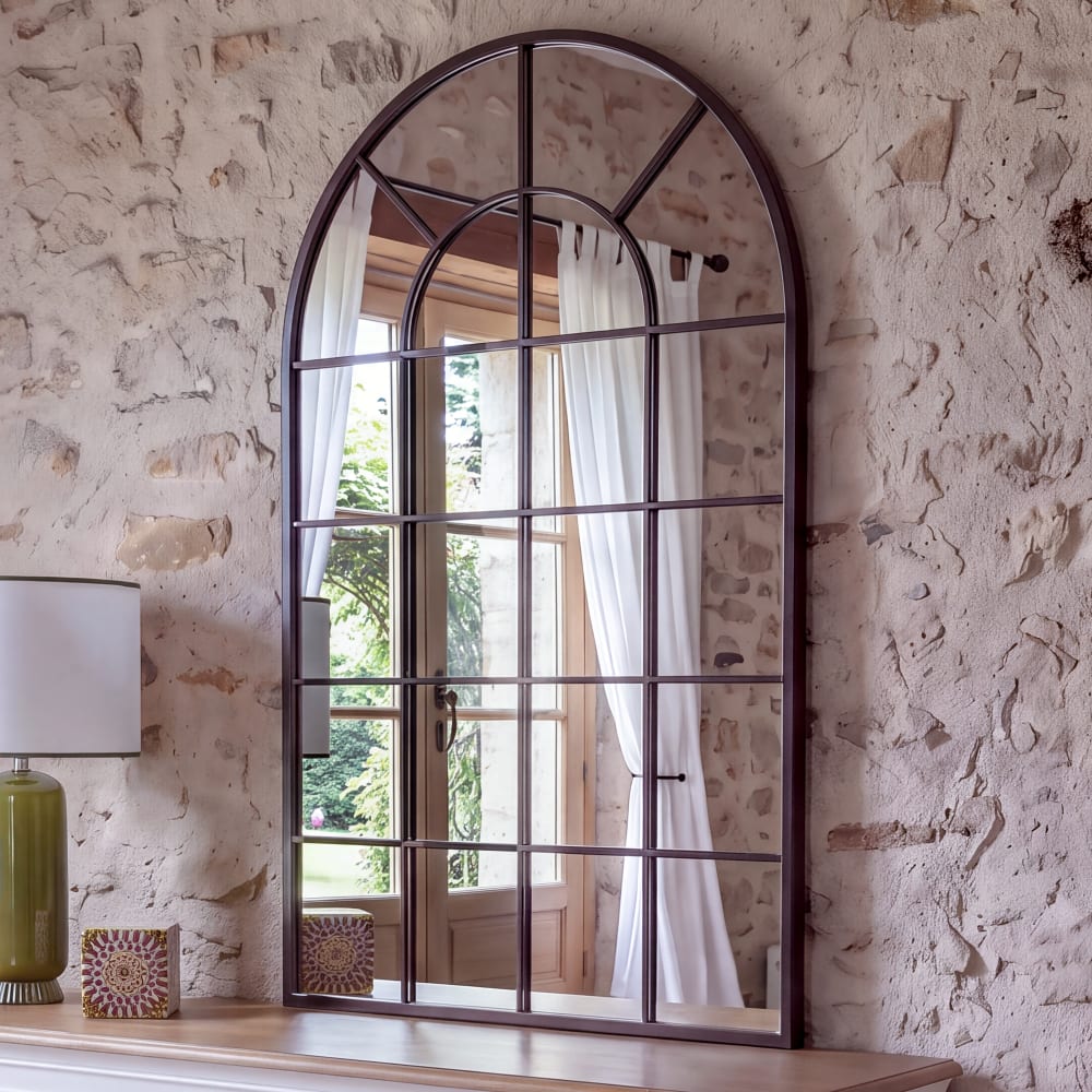 Miroir fenêtre en acier noir effet vieilli, 65x110 cm