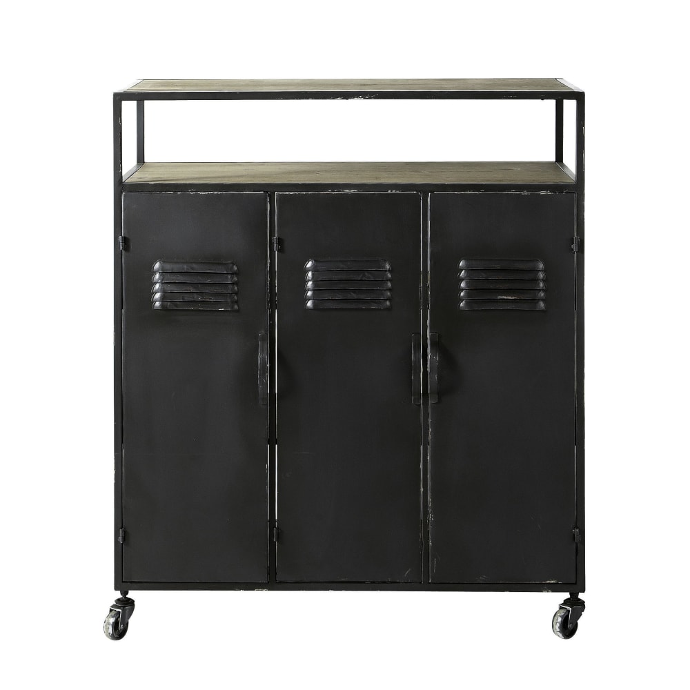 Meuble de bar industriel à roulettes en métal gris anthracite