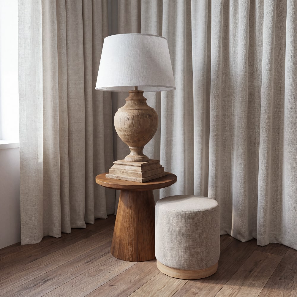 Lampe en bois de manguier et abat-jour blanc, H90 cm