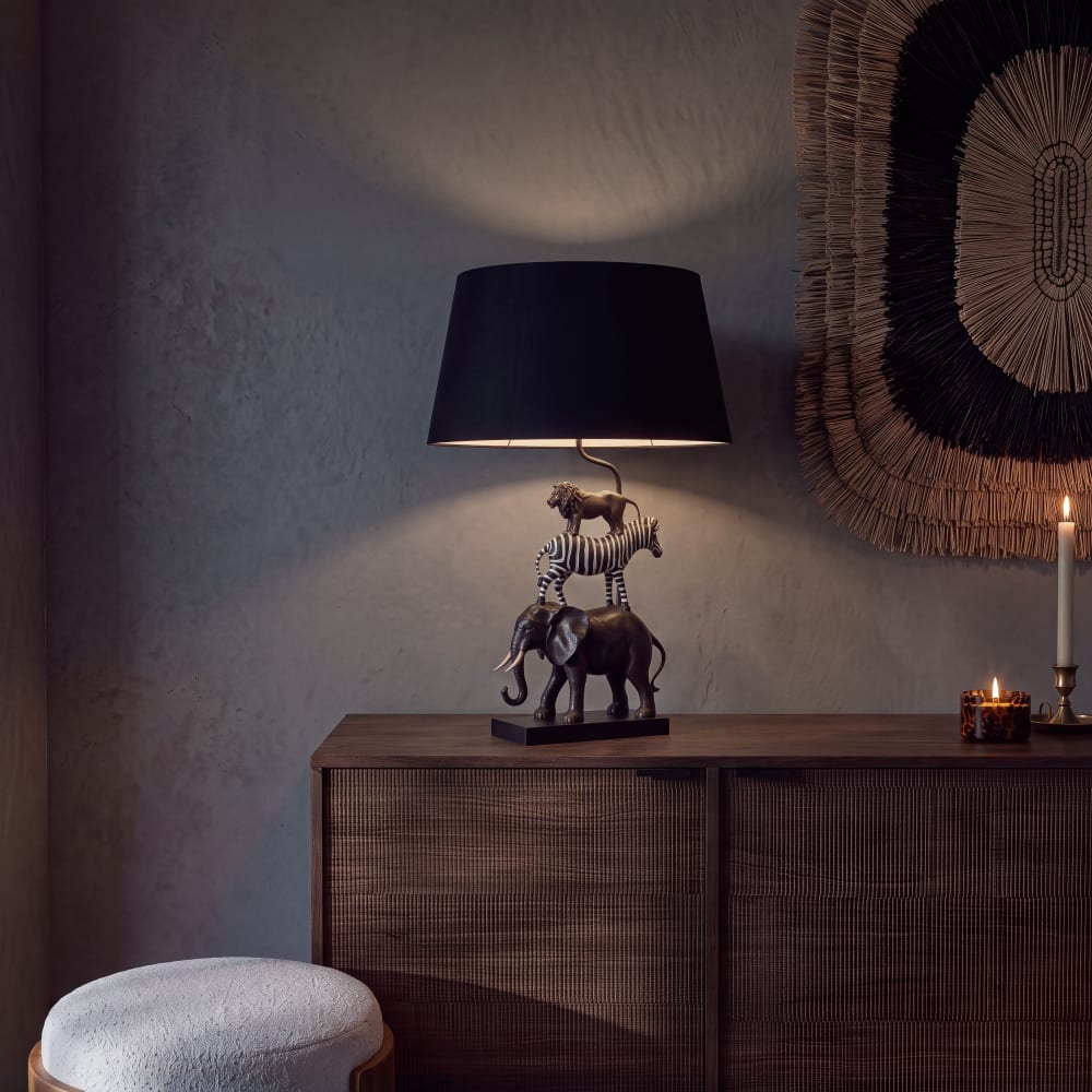 Lampe animaux sauvages et abat-jour noir, H69 cm