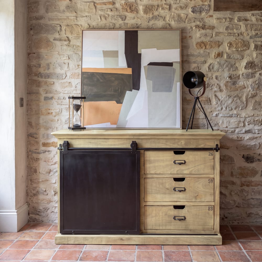Buffet 1 porte 3 tiroirs en bois de manguier et acier, L116 cm