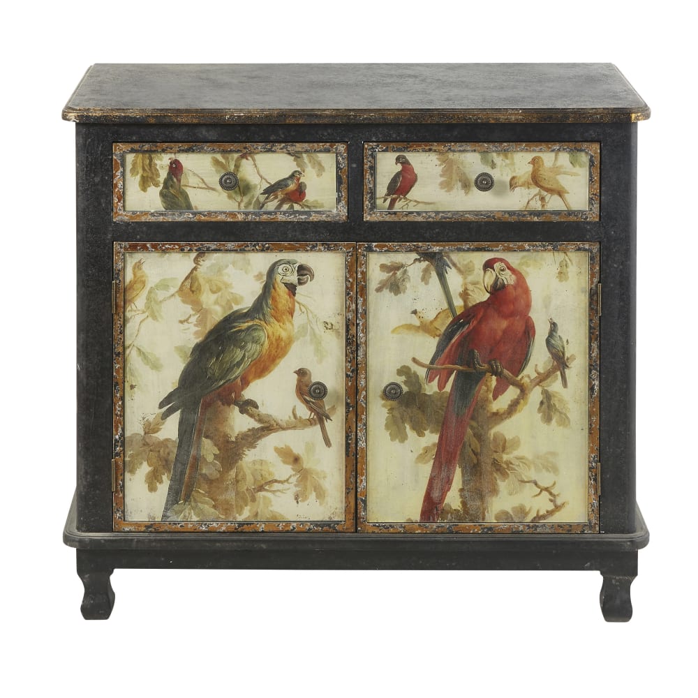 Buffet noir et imprimé perroquets, L86 cm