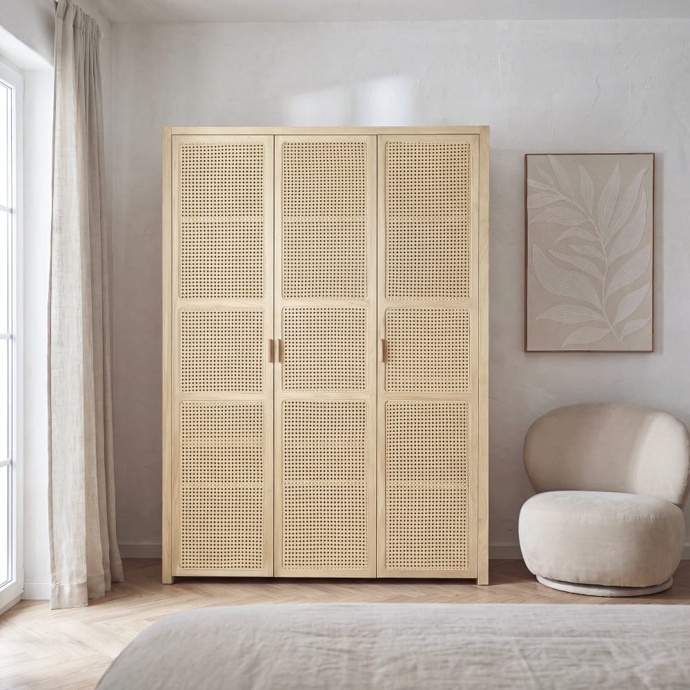 Armoire 3 portes avec cannage en rotin, L135 cm