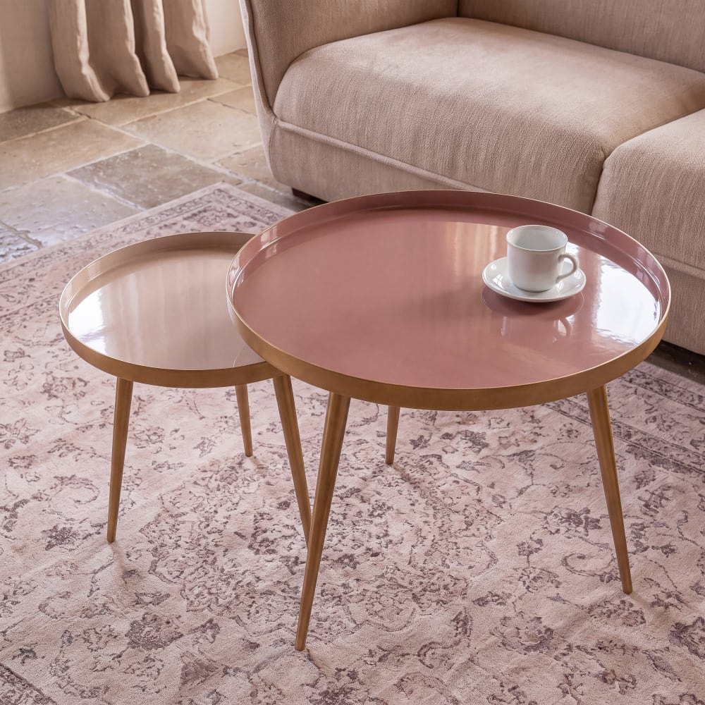 Tables gigognes en fer et aluminium beige rosé et doré