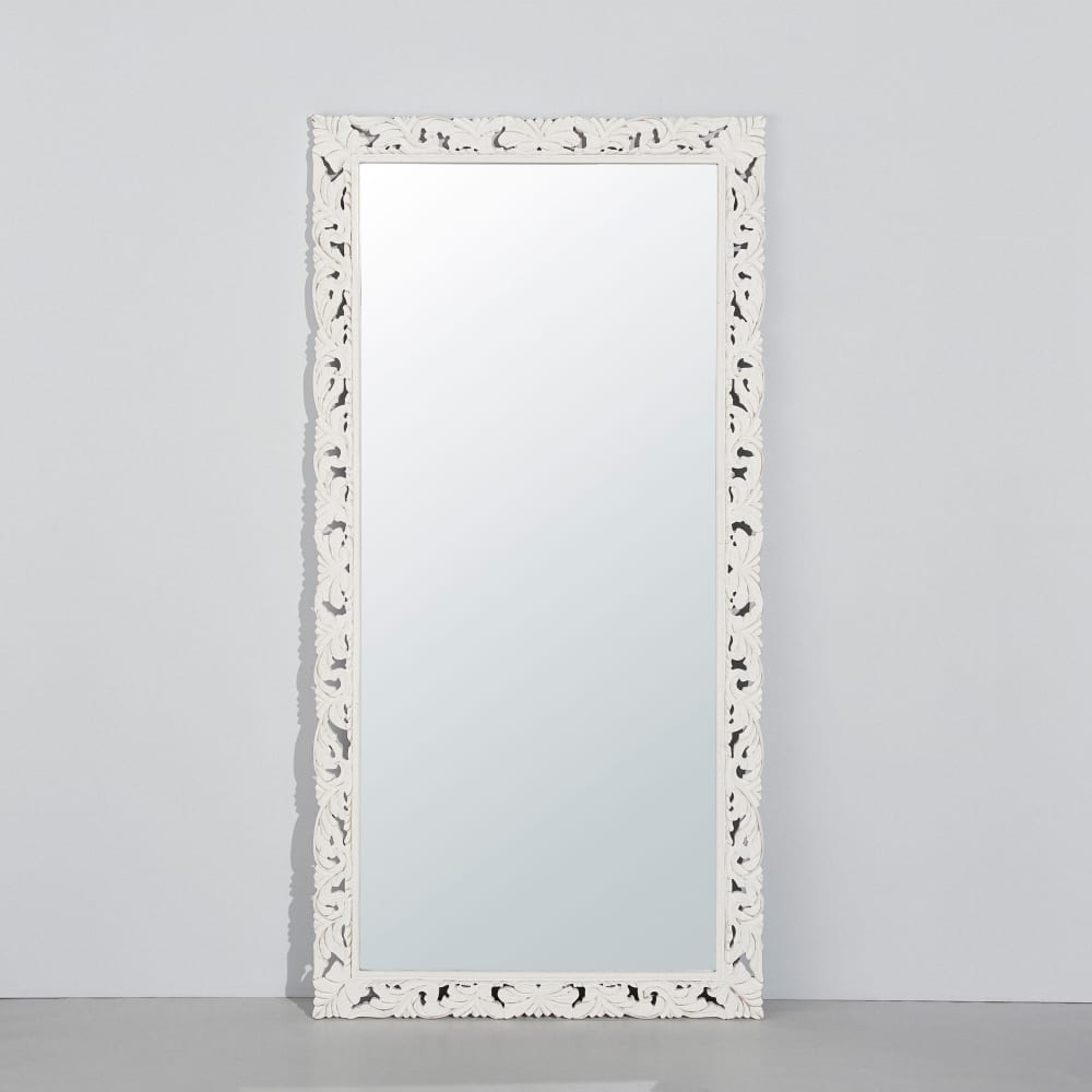 Grand miroir rectangulaire en bois de manguier sculpté blanc 90x180