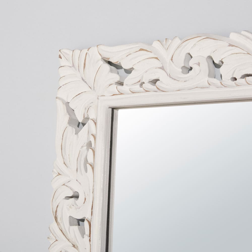 Grand miroir rectangulaire en bois de manguier sculpté blanc 90x180