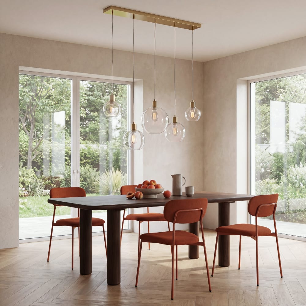 Goudkleurige metalen hanglamp met 5 glazen bollen - Maisons Du
