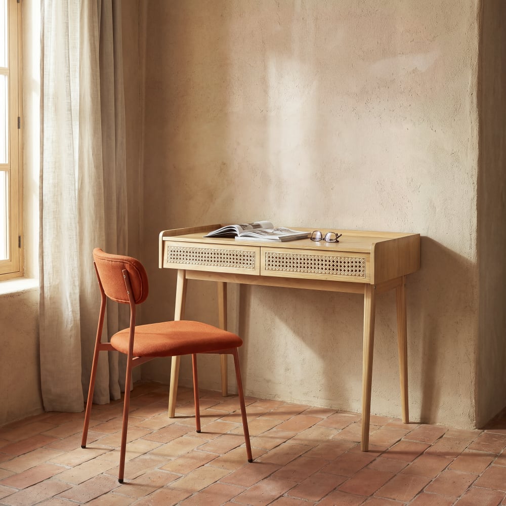 Bureau en bois de pin et cannage en rotin, L100 cm