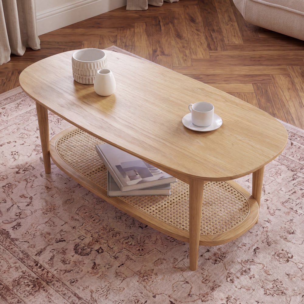 Table basse 2 plateaux en pin cannage en rotin L115