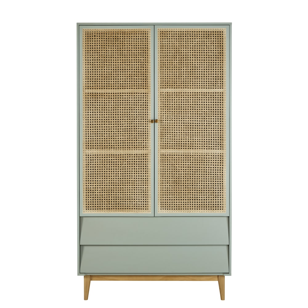 Armoire 2 portes 2 tiroirs bleu gris cannage en rotin L105