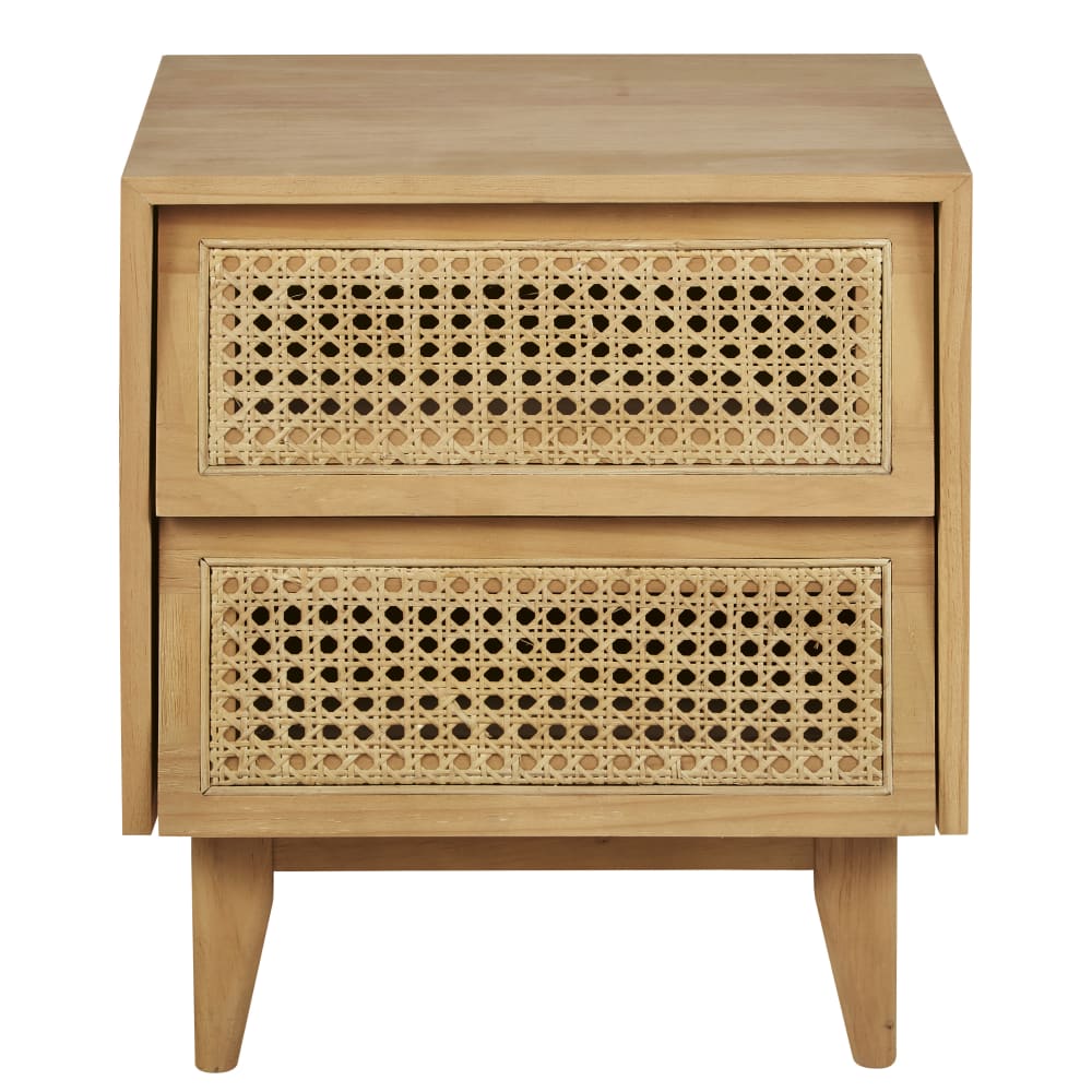 Table de chevet en bois de pin massif, placage pin et rotin, L40 cm