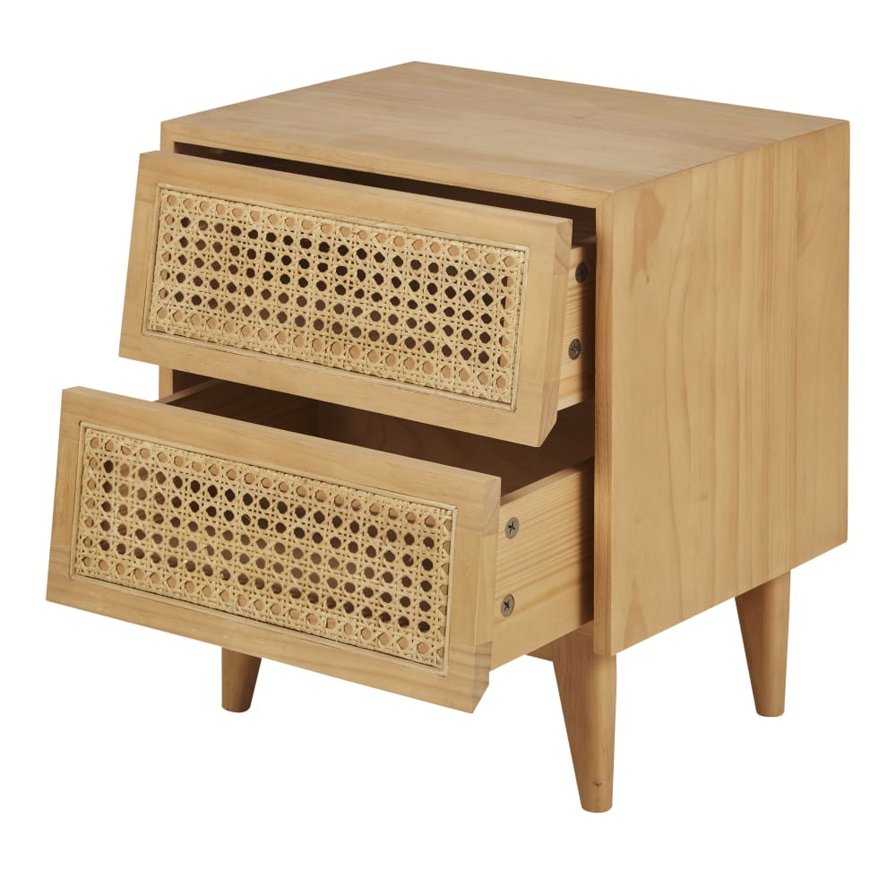 Table de chevet en bois de pin massif, placage pin et rotin, L40 cm — vue 3