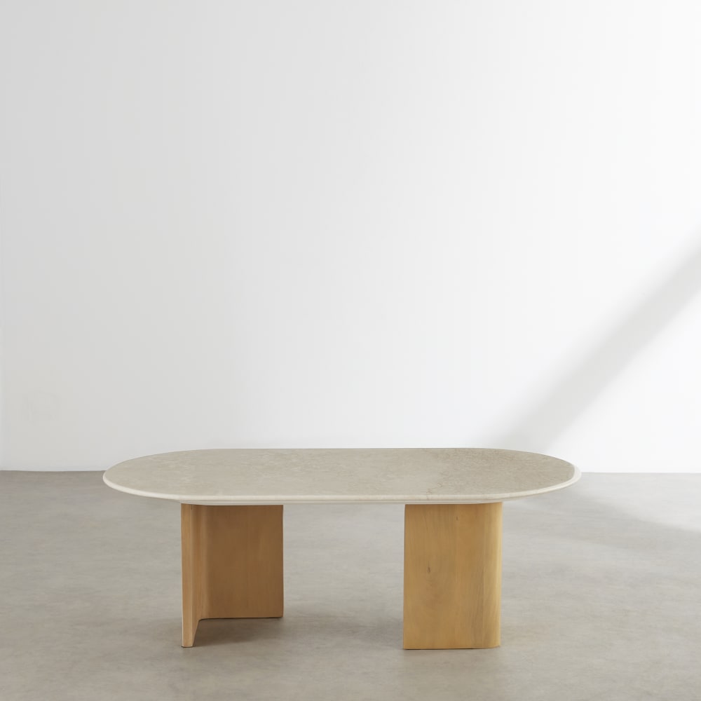 Table basse en marbre blanc effet travertin et bois de manguier massif L120 - Maisons du Monde