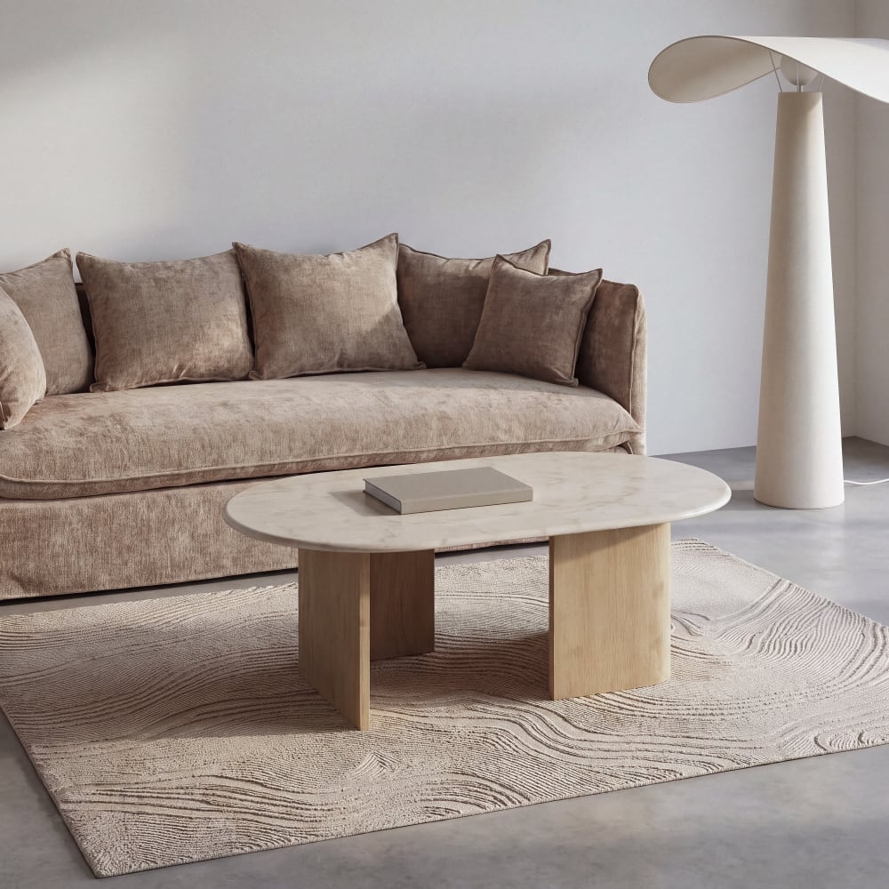 Table basse en marbre blanc effet travertin et bois de manguier massif L120