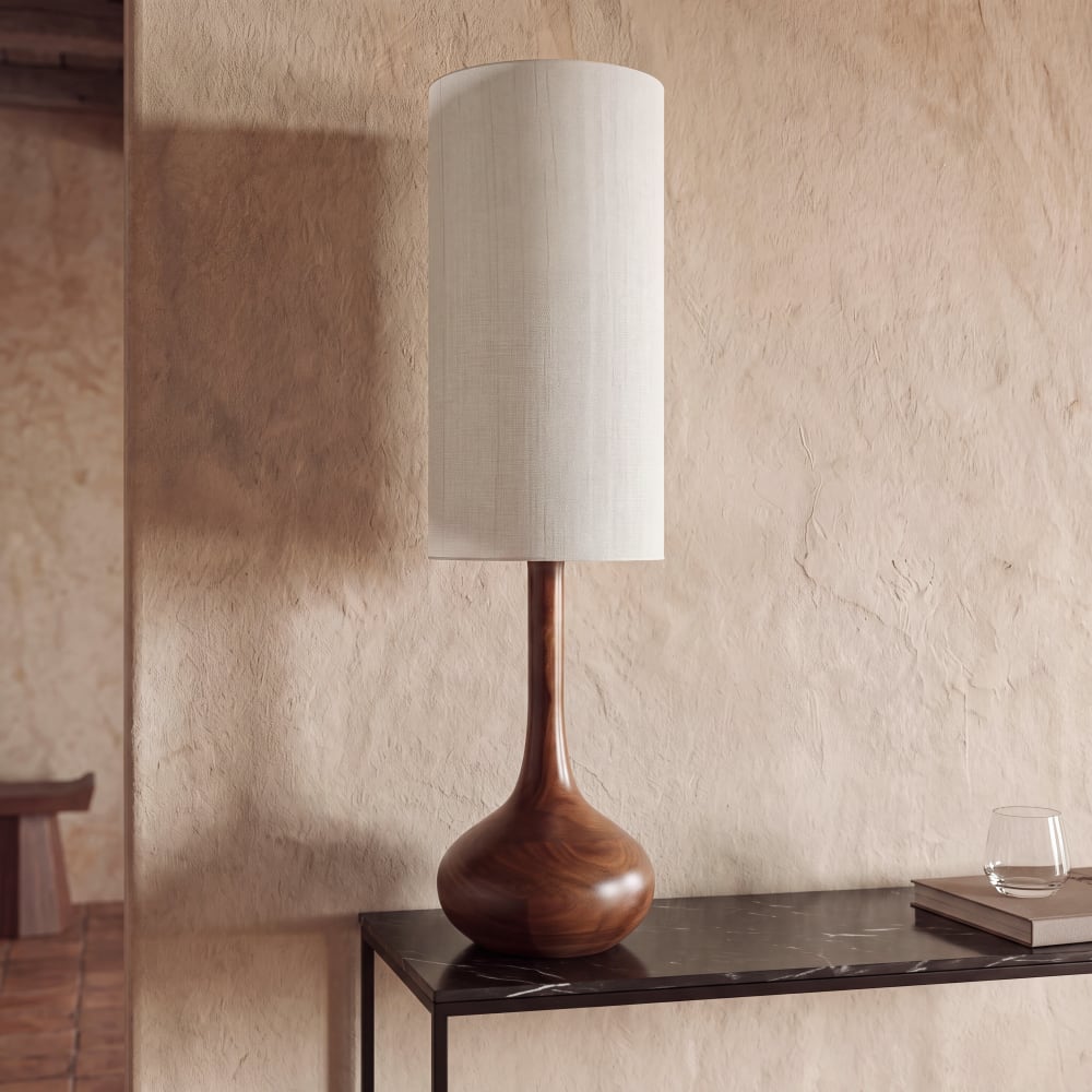 Lampe en bois de manguier et abat-jour beige, H95 cm
