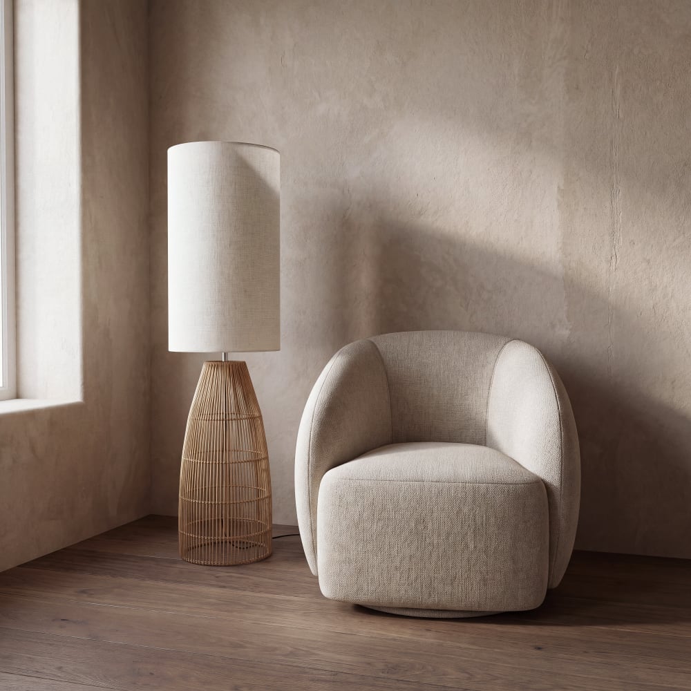 Lampadaire en tiges de rotin et abat-jour blanc, H140 cm