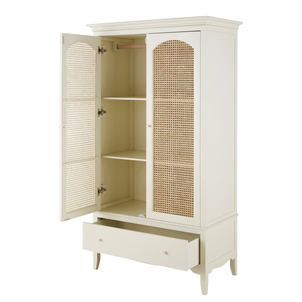 Armoire 2 portes 1 tiroir blanc cassé cannage en rotin L104