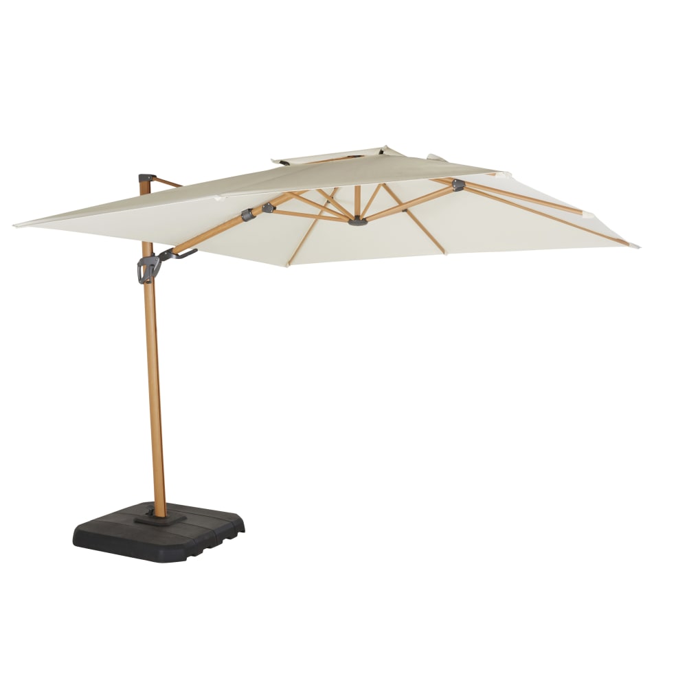 Professionele aluminium parasol met voet van imitatiehout, ecru