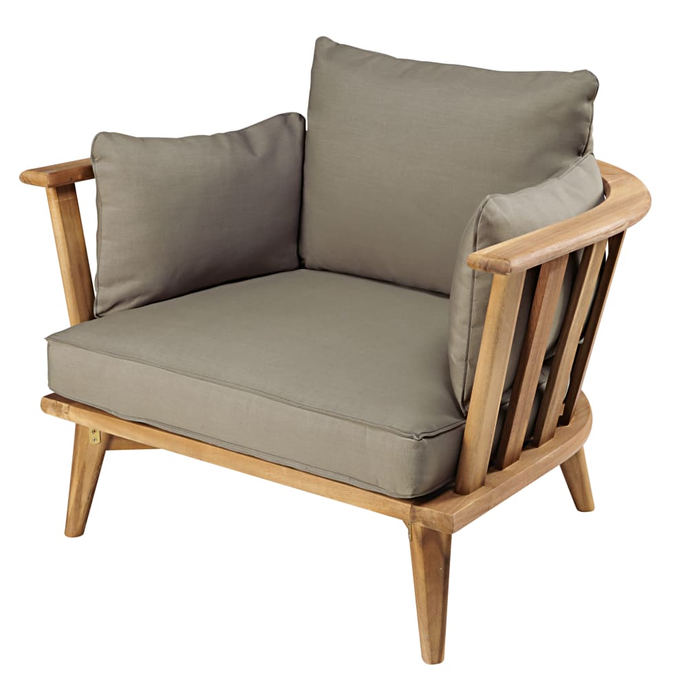 Fauteuil de jardin en acacia massif et coussins taupe — vue 3