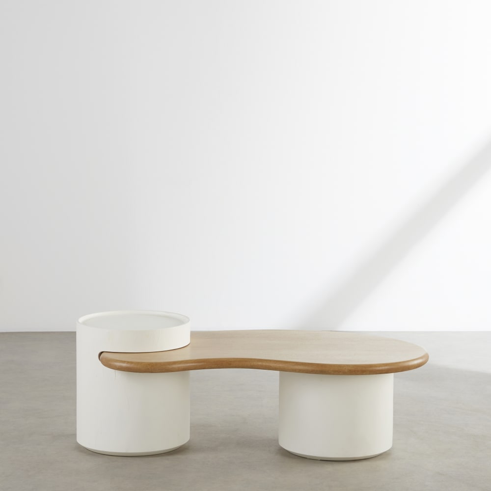 Table basse blanche et plateau en bois de manguier L125
