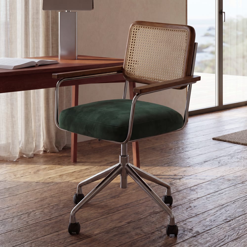 Chaise de bureau à roulettes verte et cannage en rotin