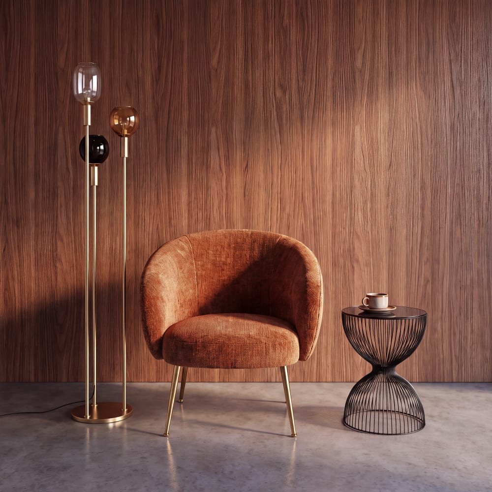 Lampadaire en fer doré et abat-jours en verre, H146 cm