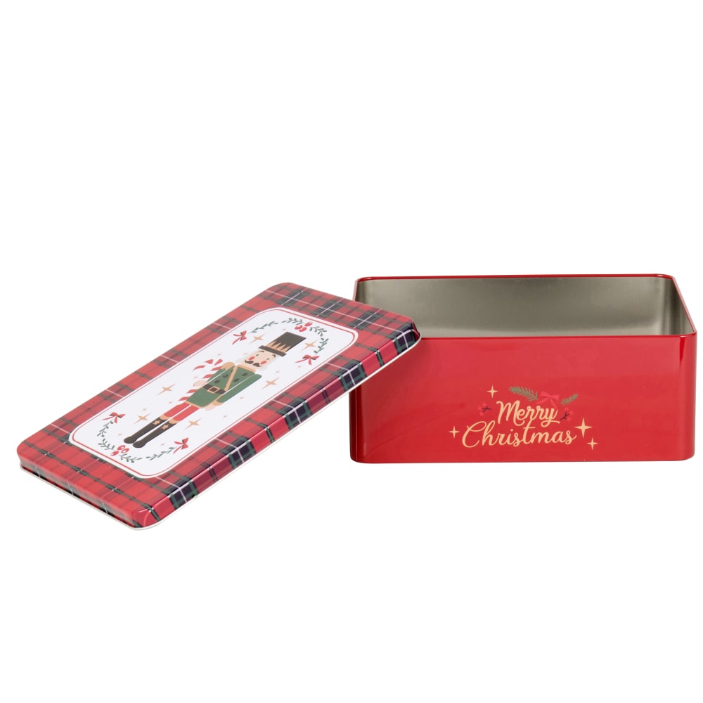 Caja navideña de acero con estampado de tartán y cascanueces multicolor. - Maisons du Monde