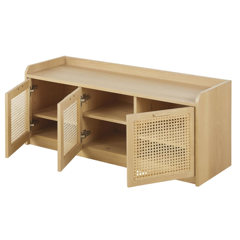 Banc en bois de chêne, placage chêne et cannage en rotin, L120 cm — vue 4