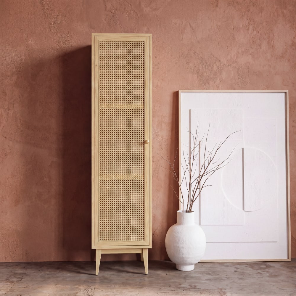 Cabinet de rangement en placage pin et rotin tressé, L45 cm