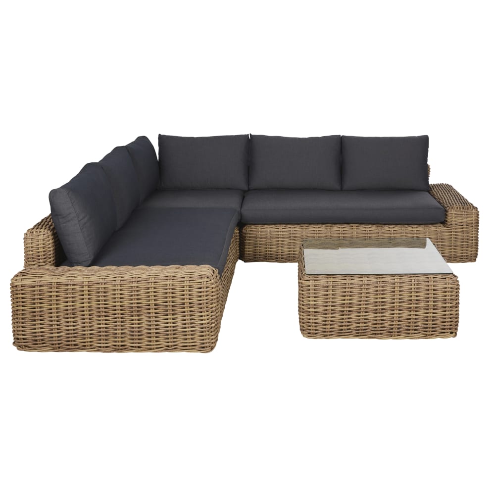 Salon de jardin 5 places imitation rotin et coussins gris anthracite — vue 3