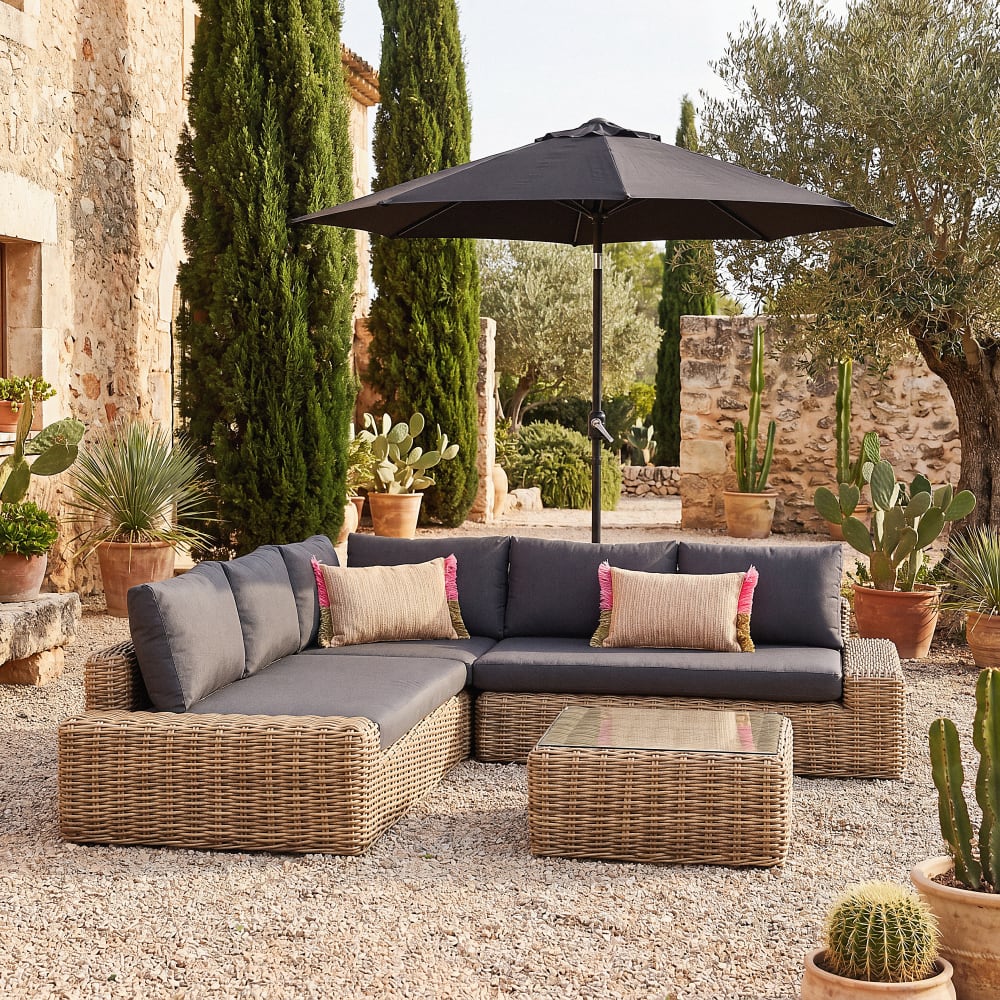 Salon de jardin 5 places imitation rotin et coussins gris anthracite