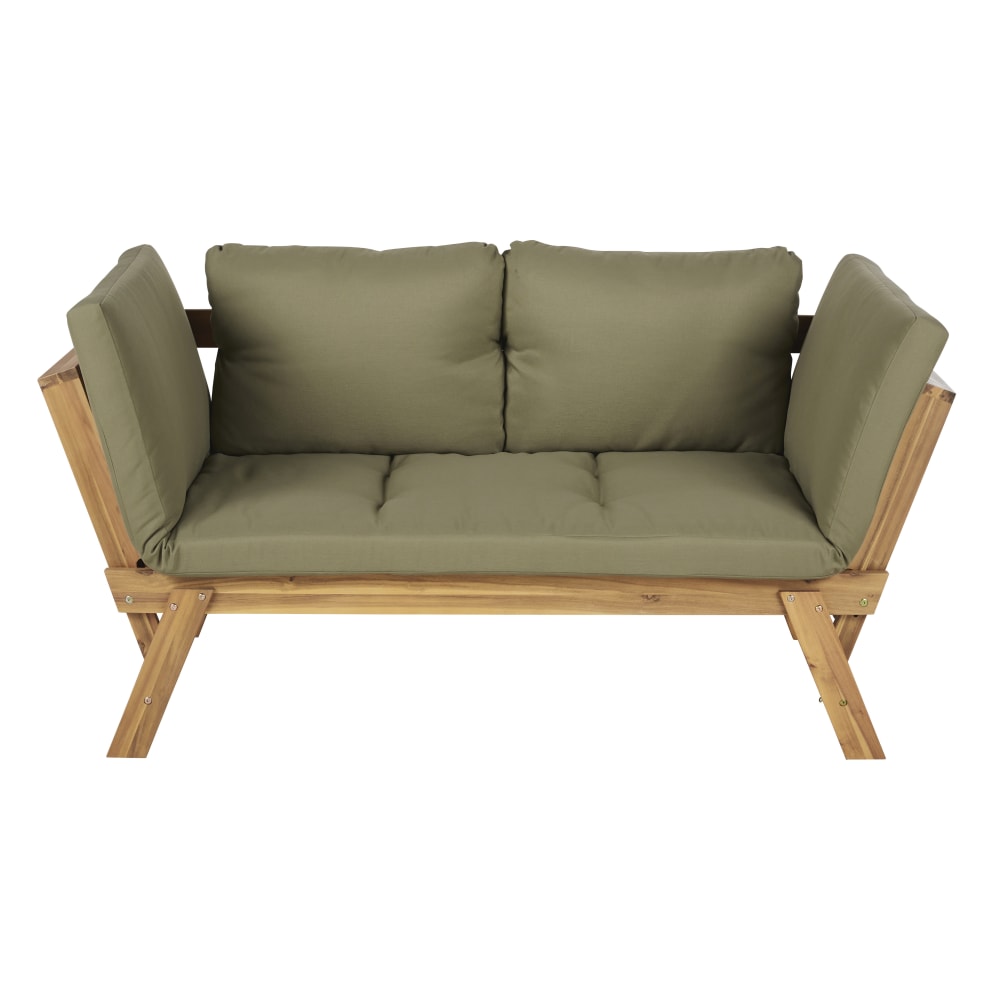Banquette de jardin modulable 3 places en acacia et coussins vert kaki en toile recyclée