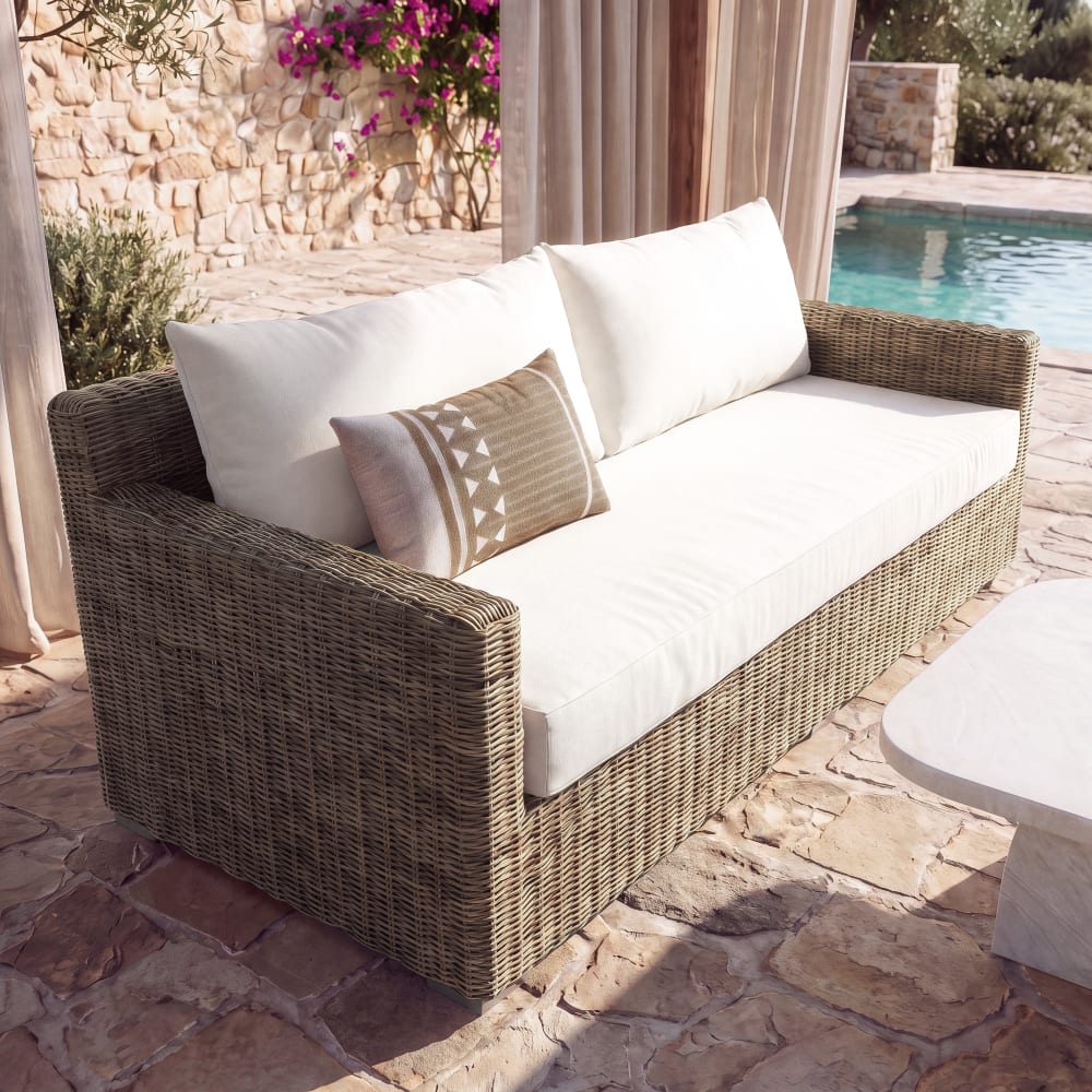 Canapé de jardin 3 places en résine tressée recyclée grise et polyester recyclé écru