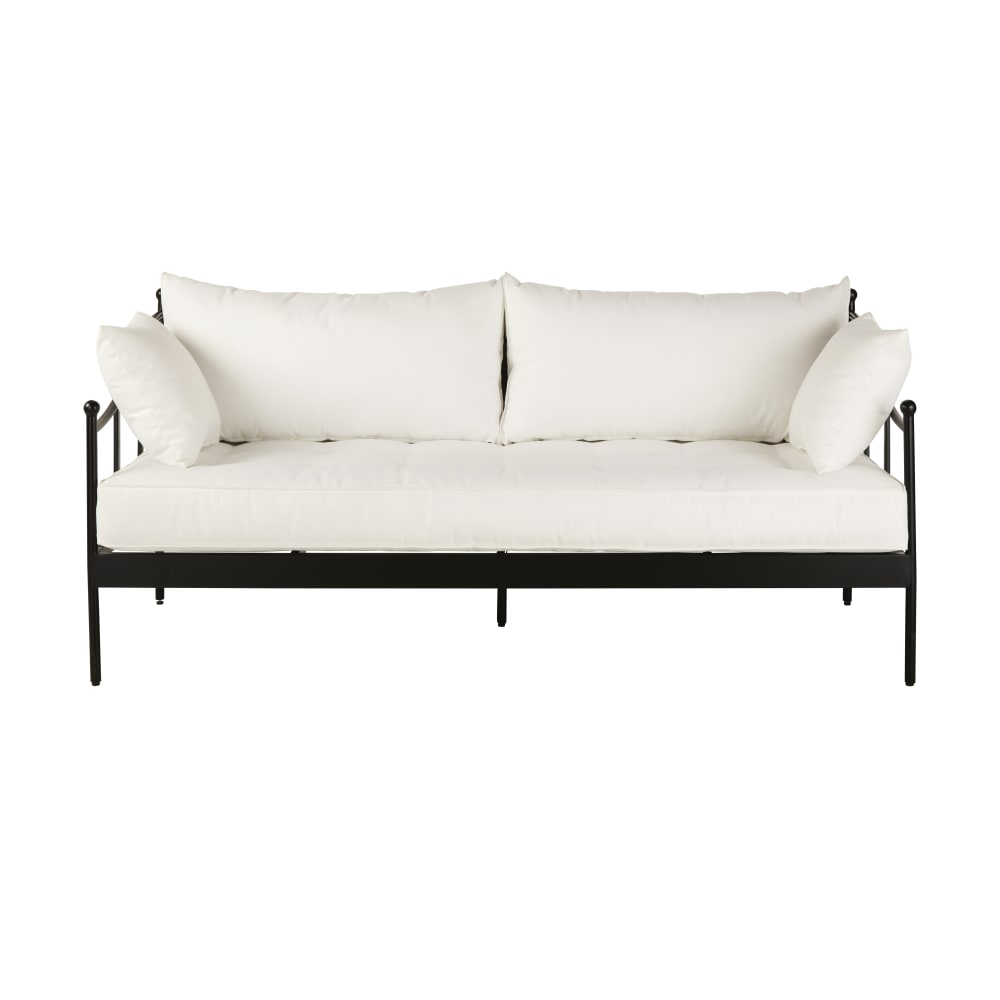 Dreisitziges Gartensofa aus schwarzem Stahl mit cremeweißen
