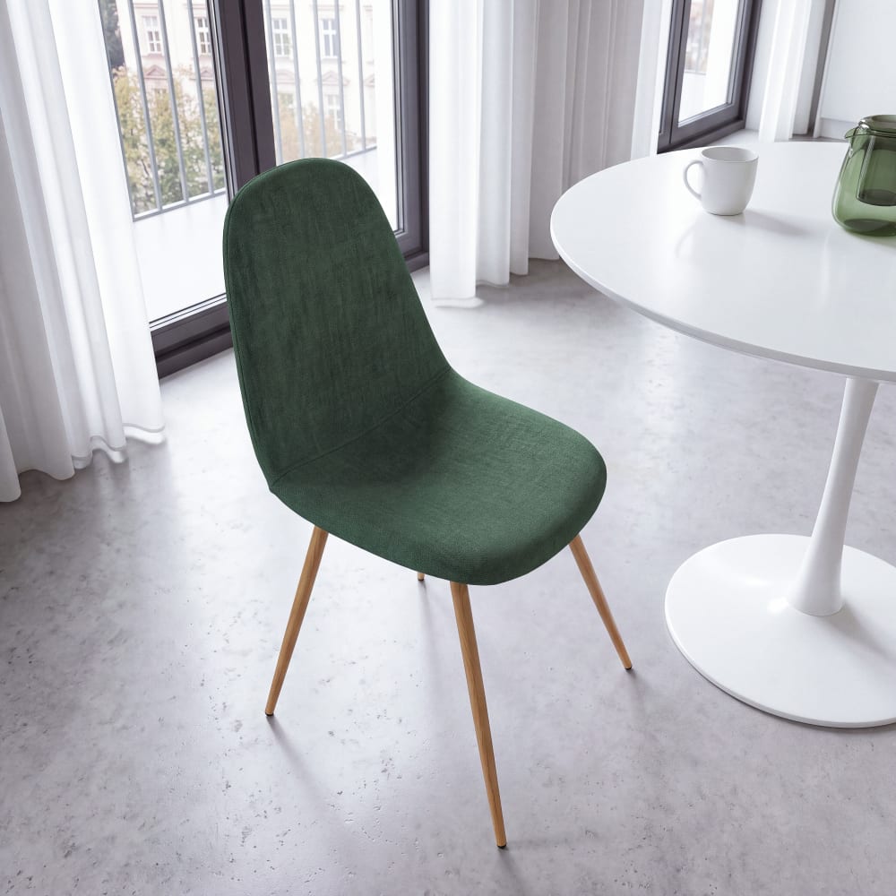 Chaise en tissu recyclé vert foncé et pieds en acier imitation chêne