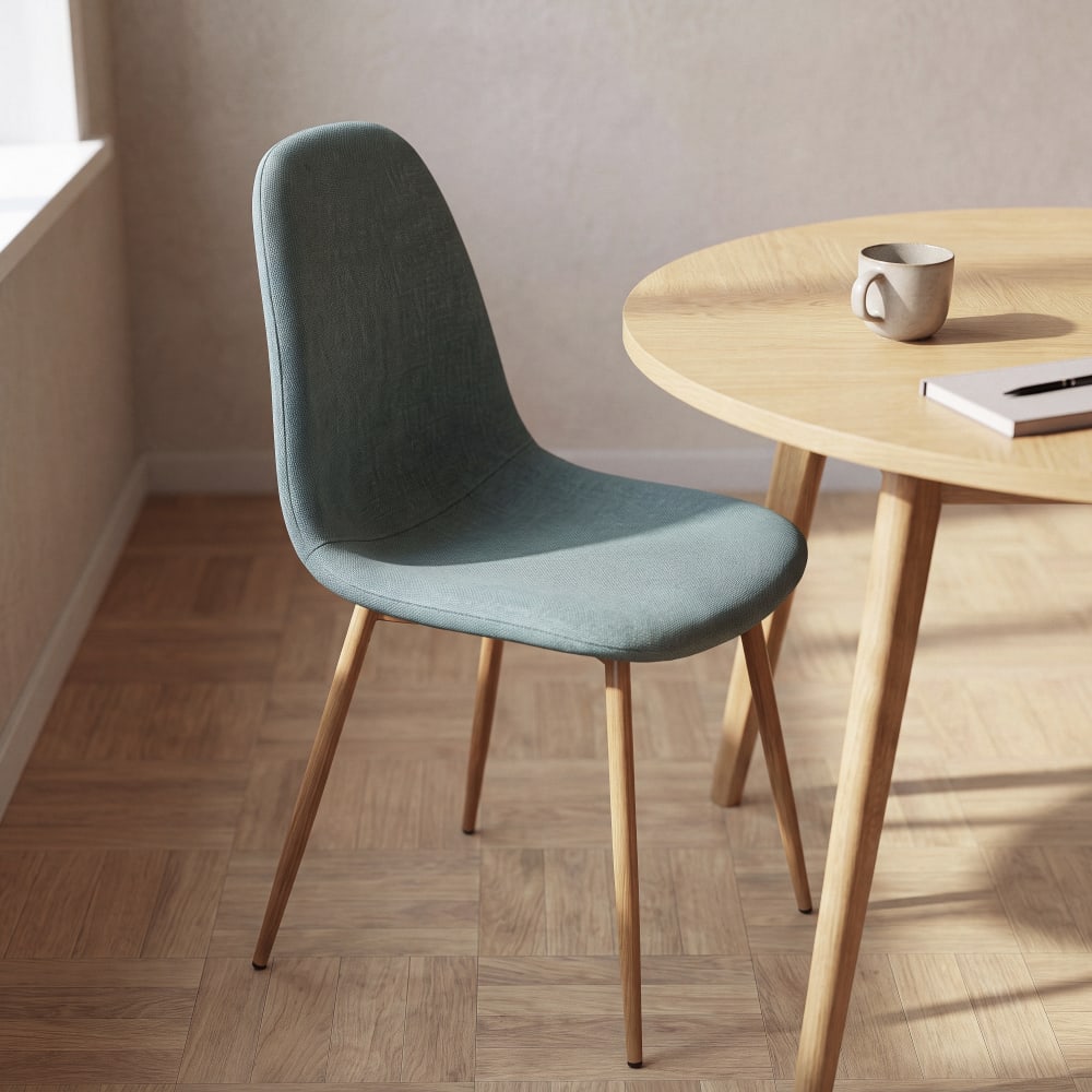Chaise en tissu recyclé vert d'eau et pieds en acier imitation chêne